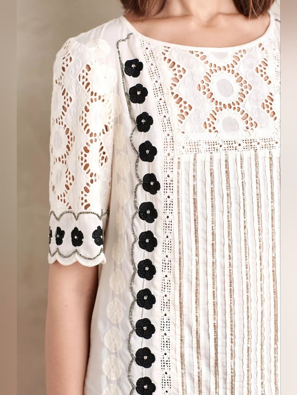 Anthropologie Cotton Lace Sequin Ivory Floral Embroidery Blouse Size 2